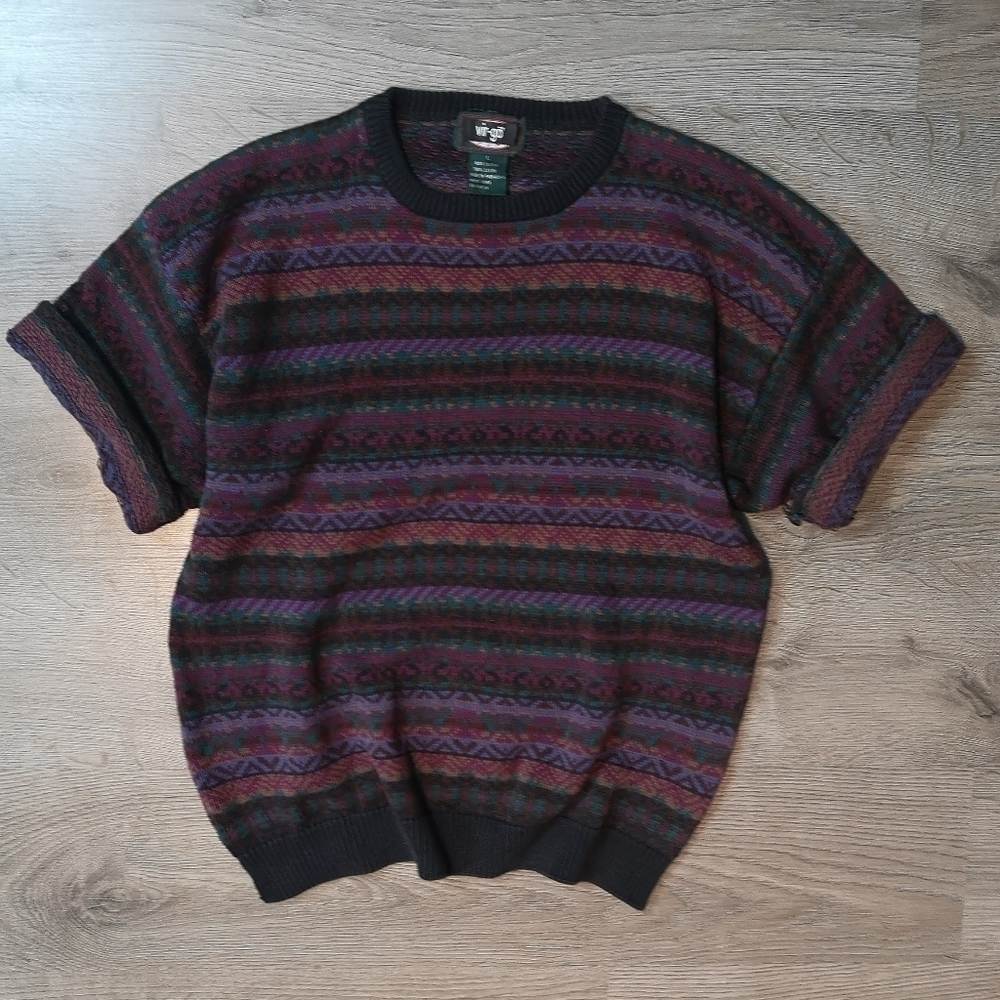 80s Vintage Fair Isle Multi-Color Stripe Short Sleeve Crew Neck Knit Sweater